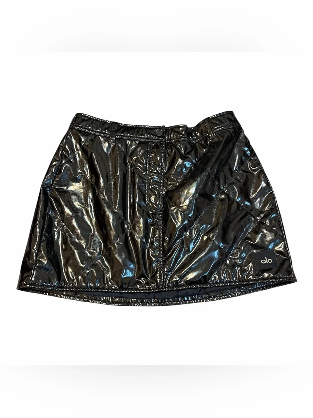 Alo Yoga Snomoto Puffer Mini Skirt Black Patent Quilted Athleisure L